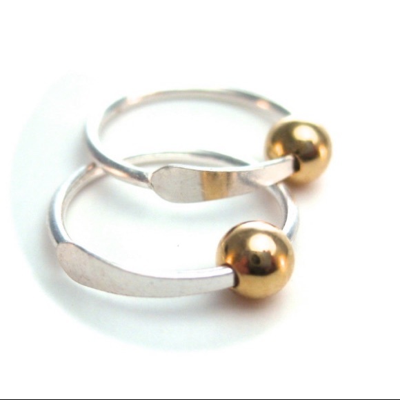 Small 925 Sterling Silver Hammered Lip Sleeper Hoop Earrings with Gold Bead - Picture 2 of 7